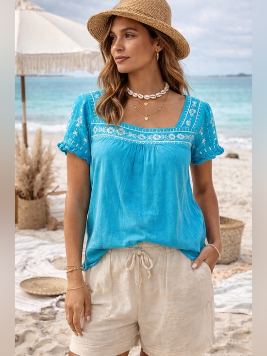 Tantrums Tops - Tantrums Blue Embroidered Boho Peasant Top Size Small